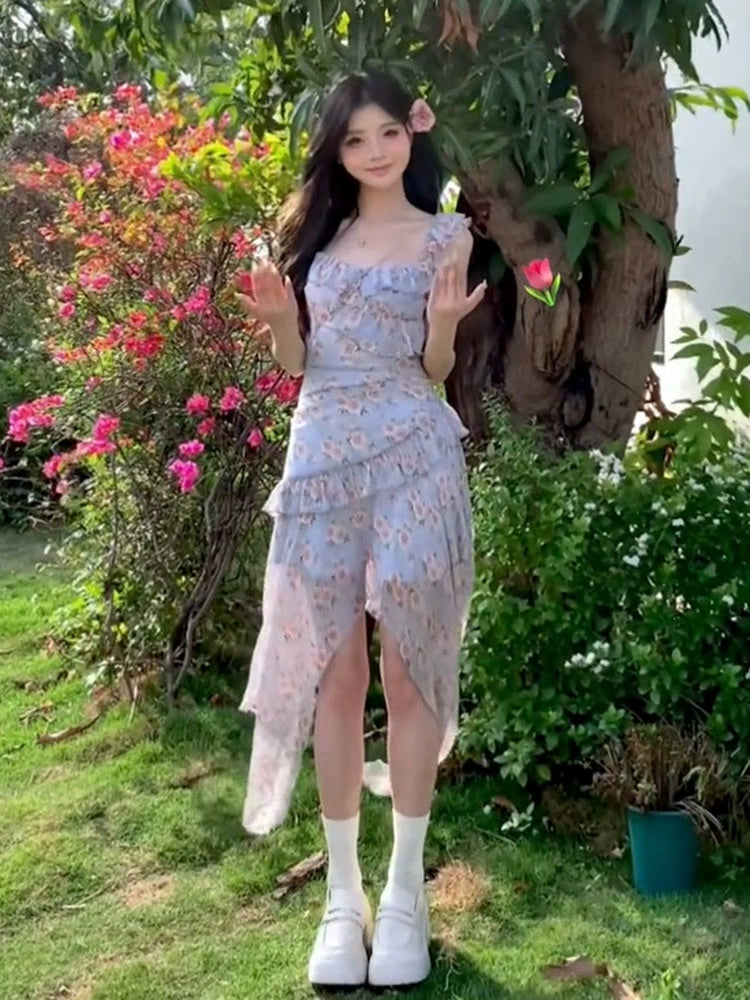 Fashion women's wear French Style Irregular Design Floral Strap Dress Women's 2024 Summer New Sweet Small Long Skirt