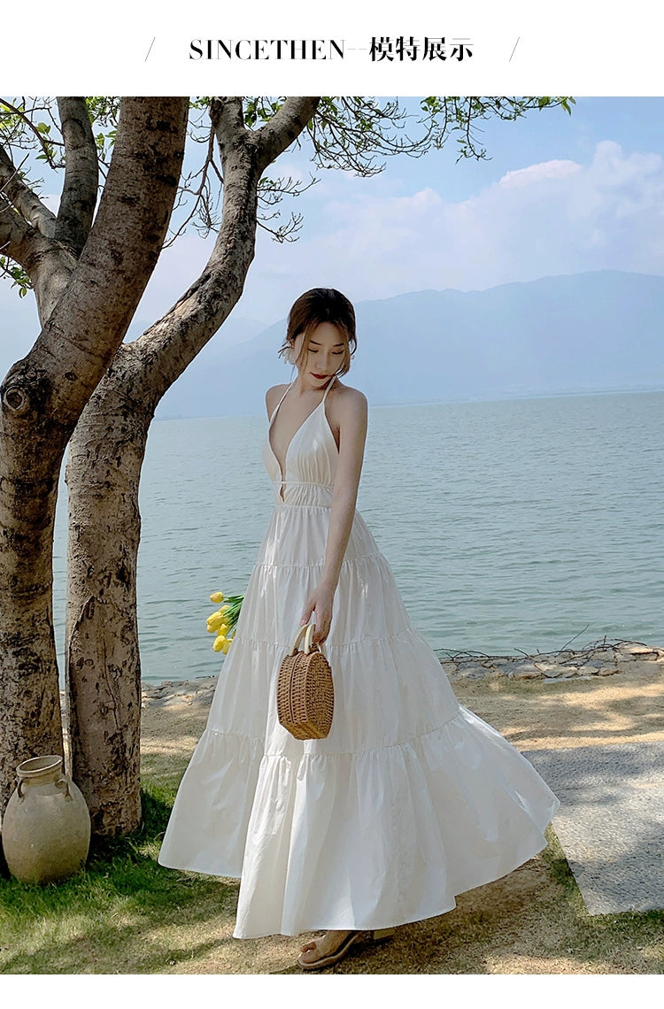 Fashion women's wear Yunnan Travel Photography Fairy Dress Orange Deep V-neck Backless Sling Dress Sanya Seaside Beach Skirt Female