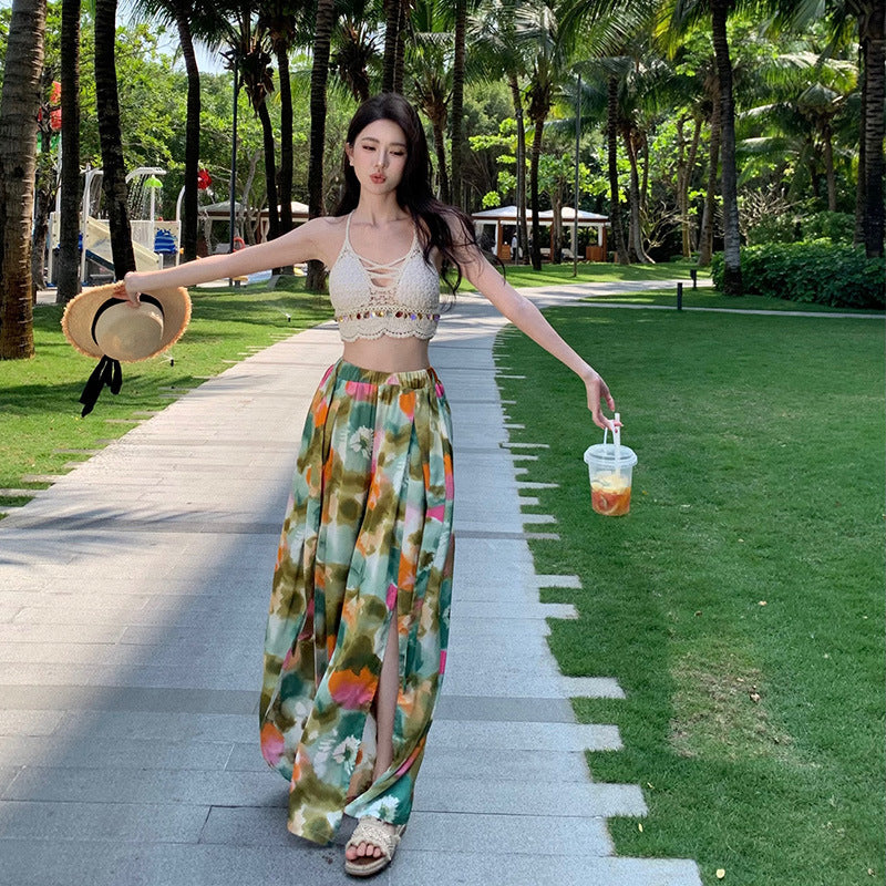 Dopamine pants Free shipping Tattoo Dopamine floral wide-leg pants seaside wear with flower pants summer women's high-waisted trousers bohemian culottes beach pants