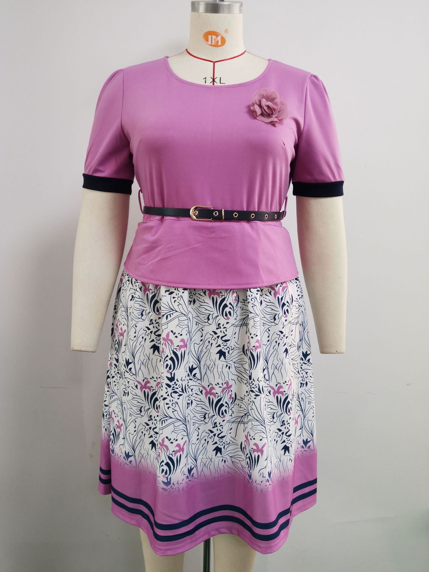 Fashion women's wear 2XL 6XL   plus Size Women's Clothing New round Neck Short Sleeve Wide Hem Printed Stitching Dress Jx024