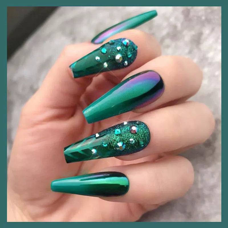 (Hand-made nail) Spice girl Europe and America, dark and long manicure nail, ballet nail, flat head, white, fake nails, wearing beautiful patch, finished product.
