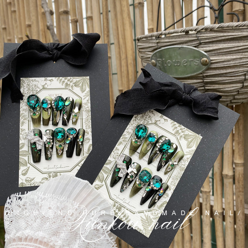 Hand-Made Nail Factory Straight Hair Green Cat Eye Flash Luxury Blue Smile Cat Eye Gradient Bow