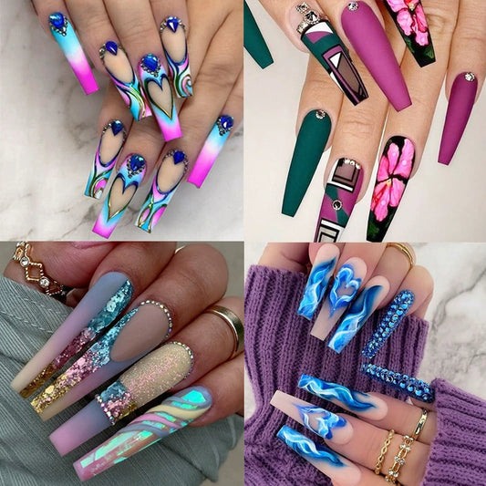 (Hand made nail) European and American long INS style wearable nail patches, fake nail patches, diamond flame heart nail patches, finished product
