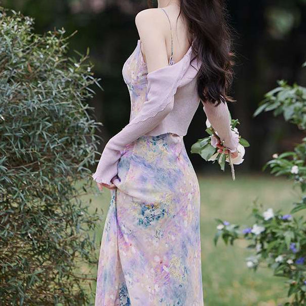 Dopamine dress Free shipping Tattoo S summer dopamine a whole set of gentle purple suit French sweet suspender dress floral long dress
