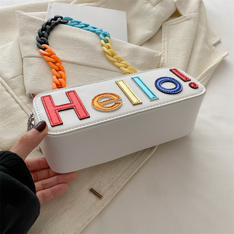 Dopamine Bag Free shipping Tattoo Cross-border women's bags, new dopamine contrasting letters, fashion camera bags, zipper, small square bag, acrylic chain, single shoulder.