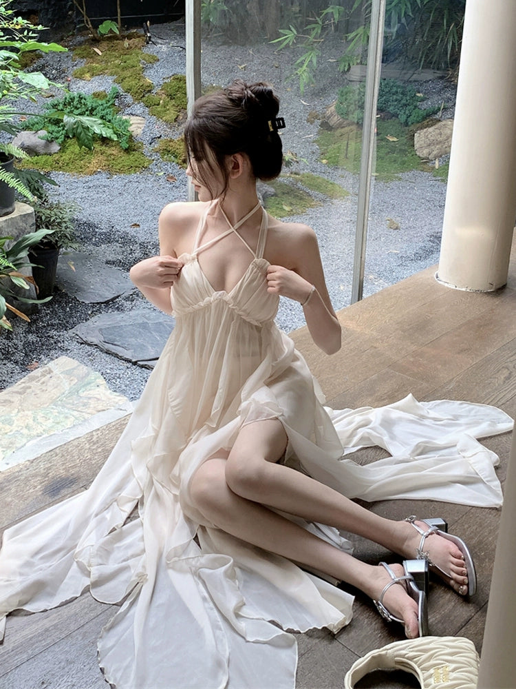 Fashion women's wear French Style Halter Spaghetti Straps Dress Women's Summer Fairy Temperamental Senior Sexy Backless Seaside Vacation Beach Dress