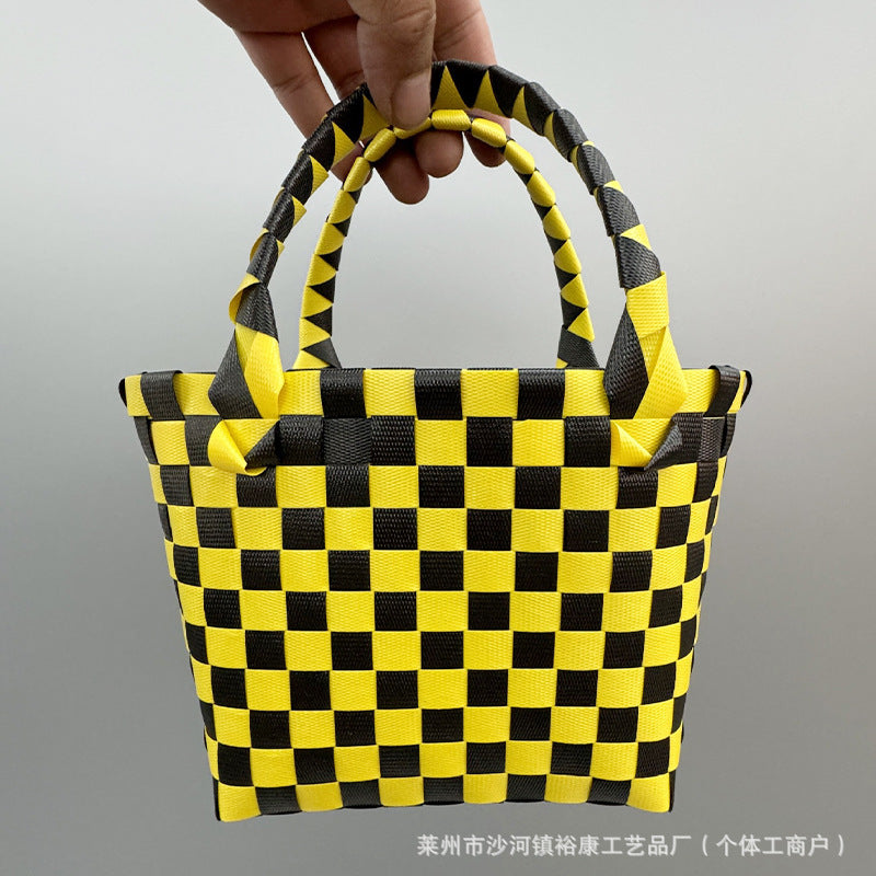Dopamine Bag Free shipping Tattoo Cartoon dopamine plastic woven bag, trendy macaron hand-woven vegetable basket bag, cute casual seaside beach bag
