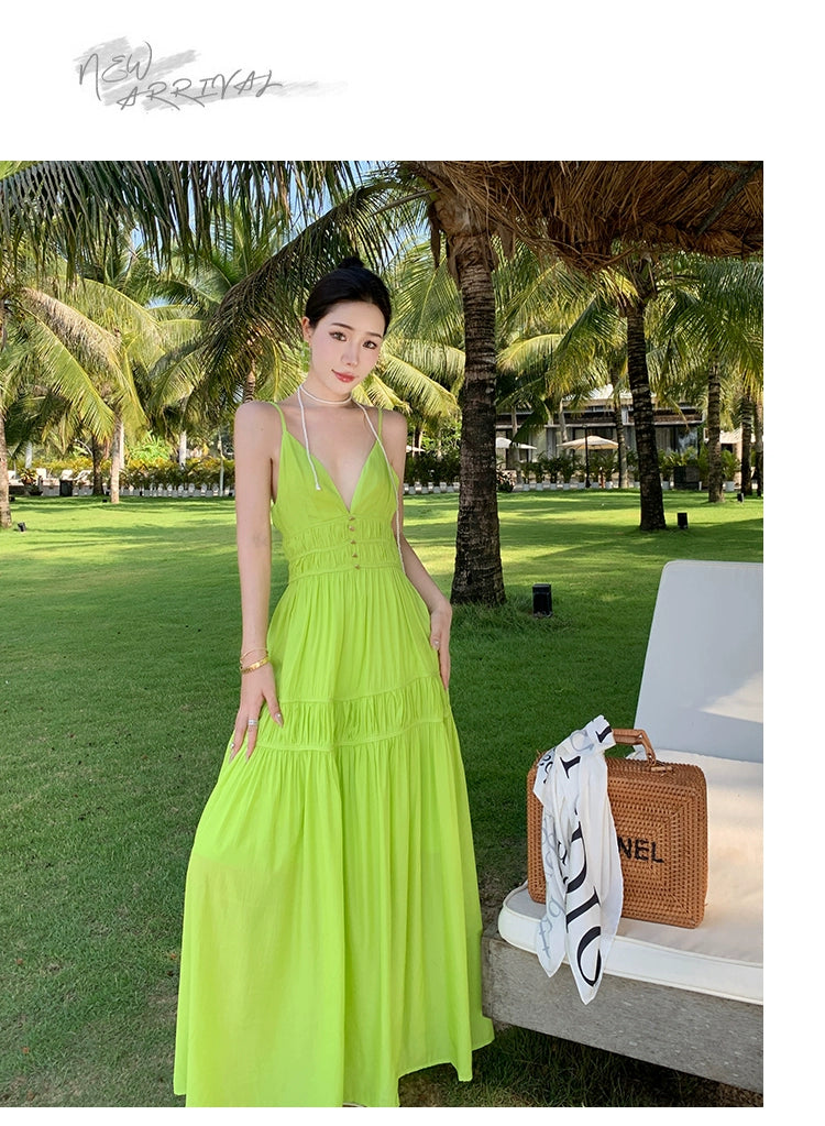 Fashion women's wear Summer Dopamine Seaside Vacation Deep V Dress Green Suspenders Ankle-Length Dress Sanya Slimming Beach Skirt Female