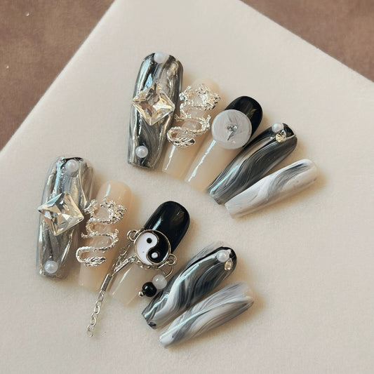 (Hand made nail) [Tai Chi] Handmade armor wearing ink style long ladder chain with detachable Chinese style light therapy nail dragon element cool girl