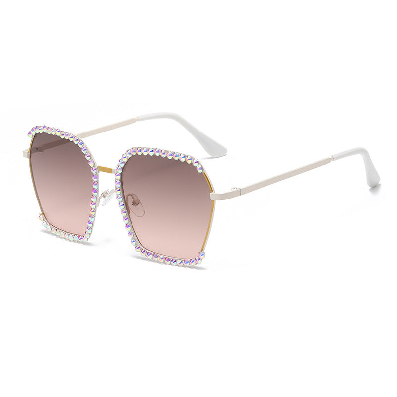Women's fashion glasses 跨境新欧美镶钻大框太阳镜女高级感复古茶色墨镜显瘦韩版防晒眼镜