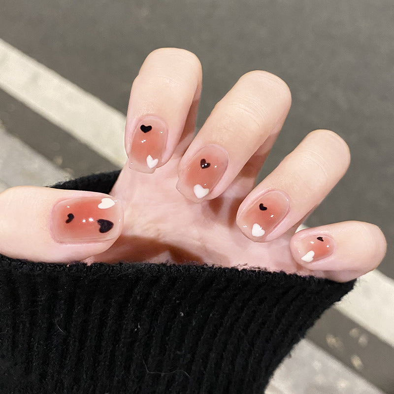 氛围腮红穿戴甲黑白爱心指甲贴片日常美甲片假指甲美甲贴片成品甲