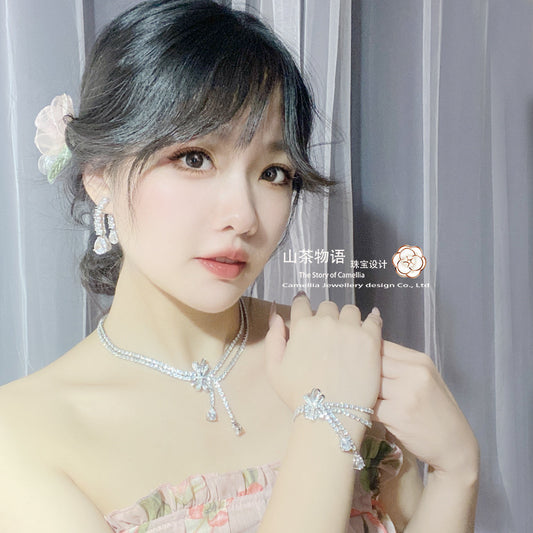 Camellia小红书高定graff蝴蝶结套装女 镀金璀璨满钻方钻轻奢手链