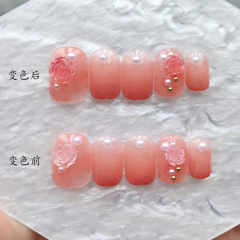 光变山茶花穿戴甲变色指甲贴片珍珠美甲片假指甲美甲贴片成品甲片