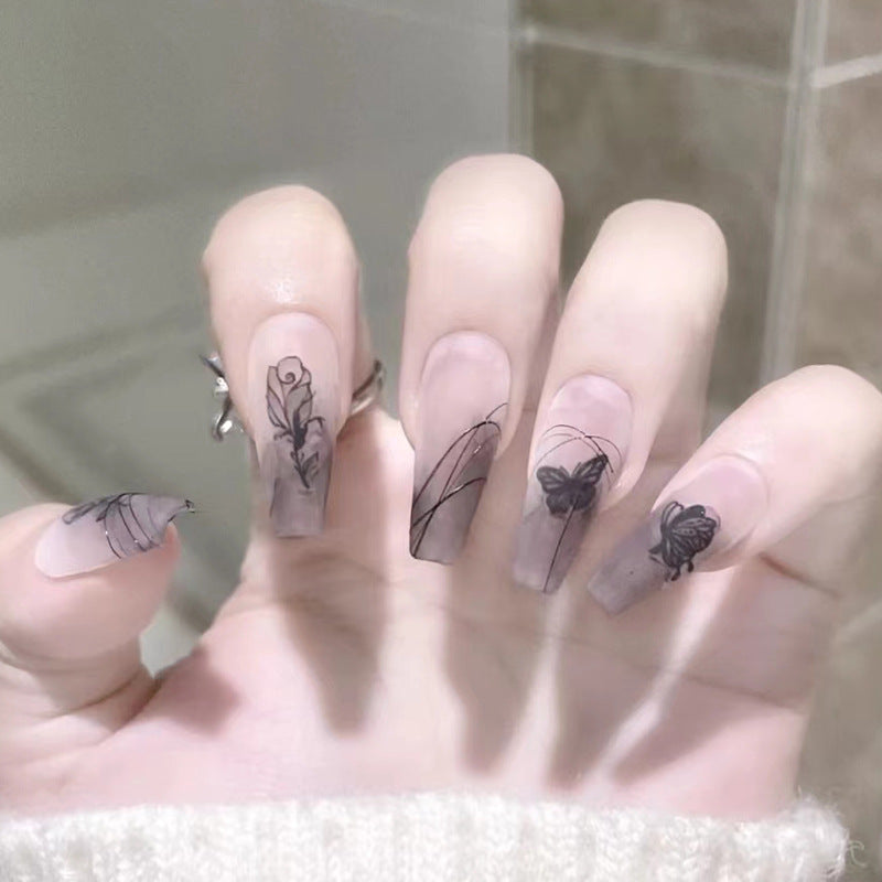 水墨玫瑰穿戴甲蝴蝶指甲贴片线条美甲片暗黑系假指甲美甲贴片成品