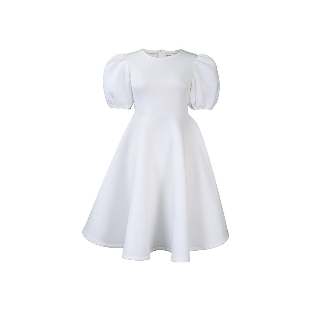 Fashion women's wear Cross-Border European and American Amazon Summer round Neck Graceful Puff Sleeve Waist-Controlled Large Hem Elegant A- line Foreign Trade Dress