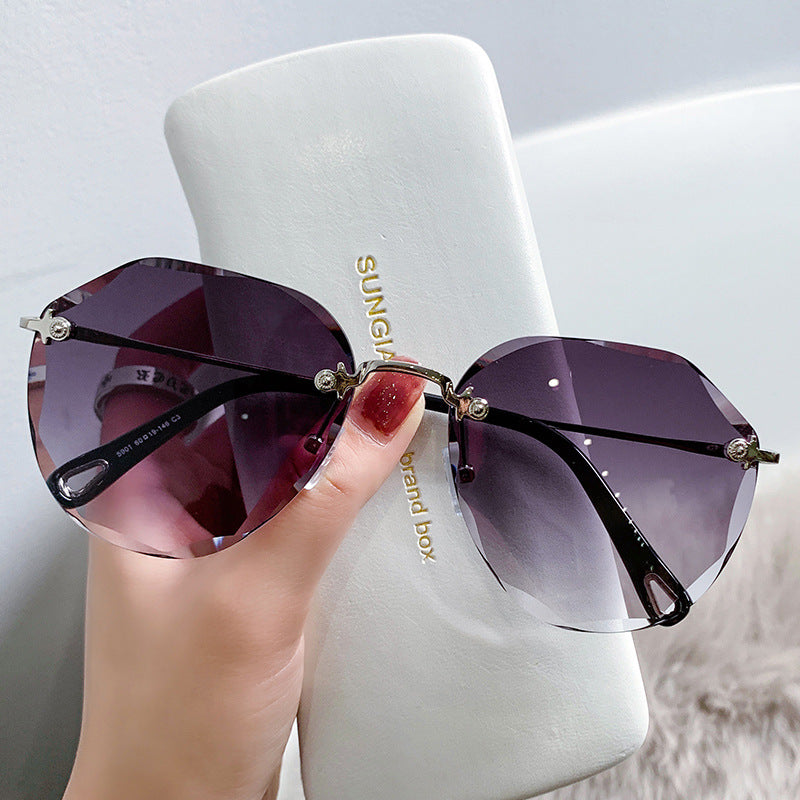 Women's fashion glasses年新款无框太阳眼镜女防紫外线高级感墨镜潮女圆脸大脸显瘦夏