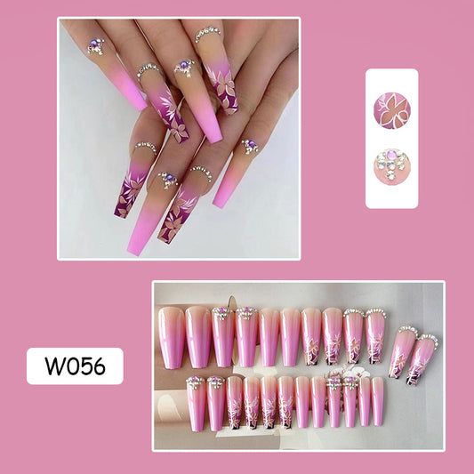 闪钻花朵穿戴甲粉色nails 渐变跨境美甲片外贸假指甲长甲美甲贴片