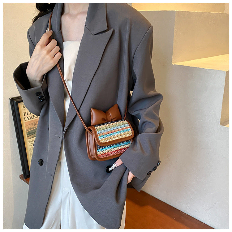 Dopamine Bag Free shipping Tattoo Rainbow Straw Small Square Bag 2024 Summer Popular Dopamine Children's Bag Bow Shoulder Crossbody Lipstick Bag Female
