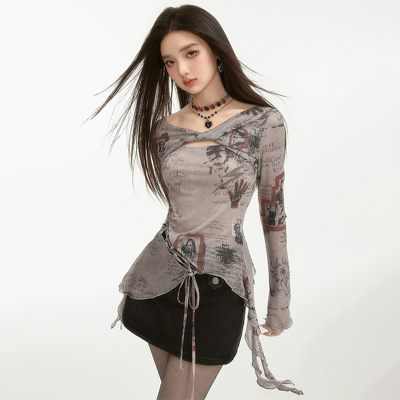 Free shipping   New Vintage Long Sleeve Kink Lace Up Irregular Slim Women's tops
