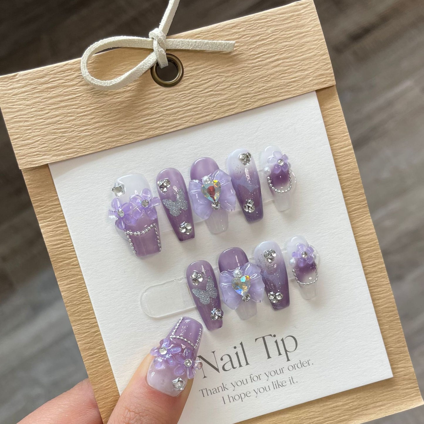 (reusable nail)(Hand-made) Wear Nail pure Hand-made Purple Star Clear Fairy Wind Iris Patch Diamond Nail Beauty (reusable)