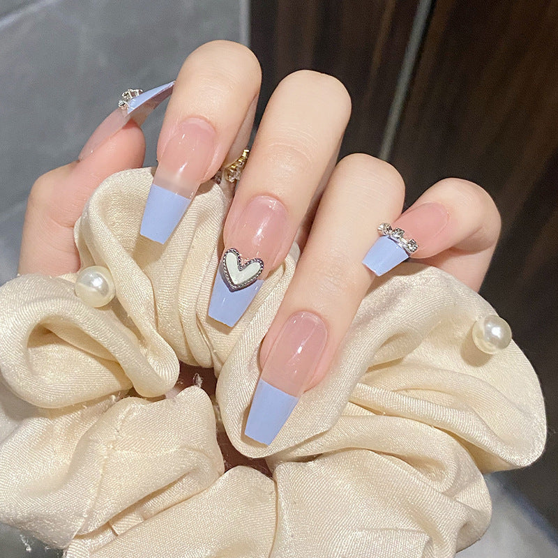 蔚蓝之心穿戴甲链条指甲贴片带钻长款美甲片假指甲美甲贴成品甲片