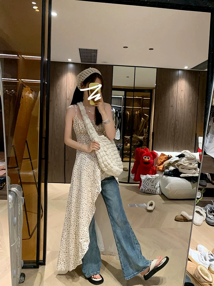 Fashion women's wear Tea Break French Floral Strap Dress Summer 2024 New Early Spring Irregular Niche Design Dress