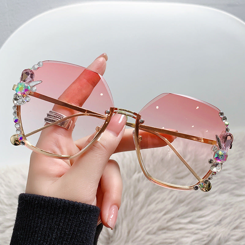 Women's fashion glasses 跨境大框水钻太阳镜无框防晒防紫外线墨镜个性女大脸显瘦带钻潮牌