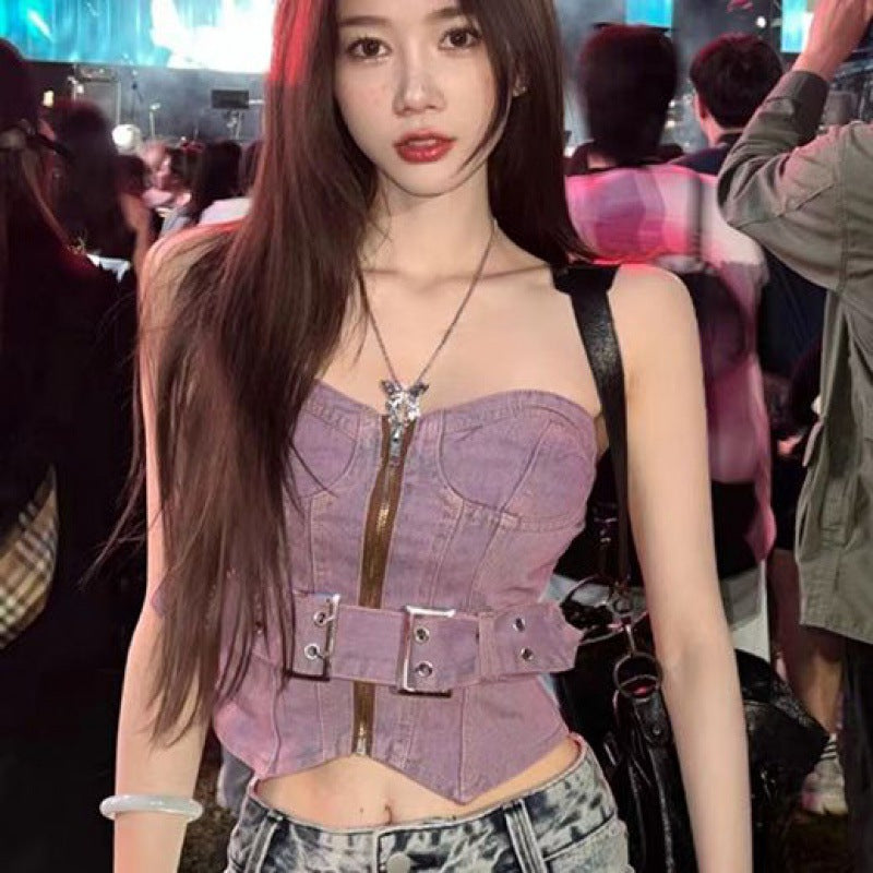 Dopamine tops Free shipping Tattoo Dopamine Spice Girl retro denim tube top women's summer new niche sexy and thin outer garter top