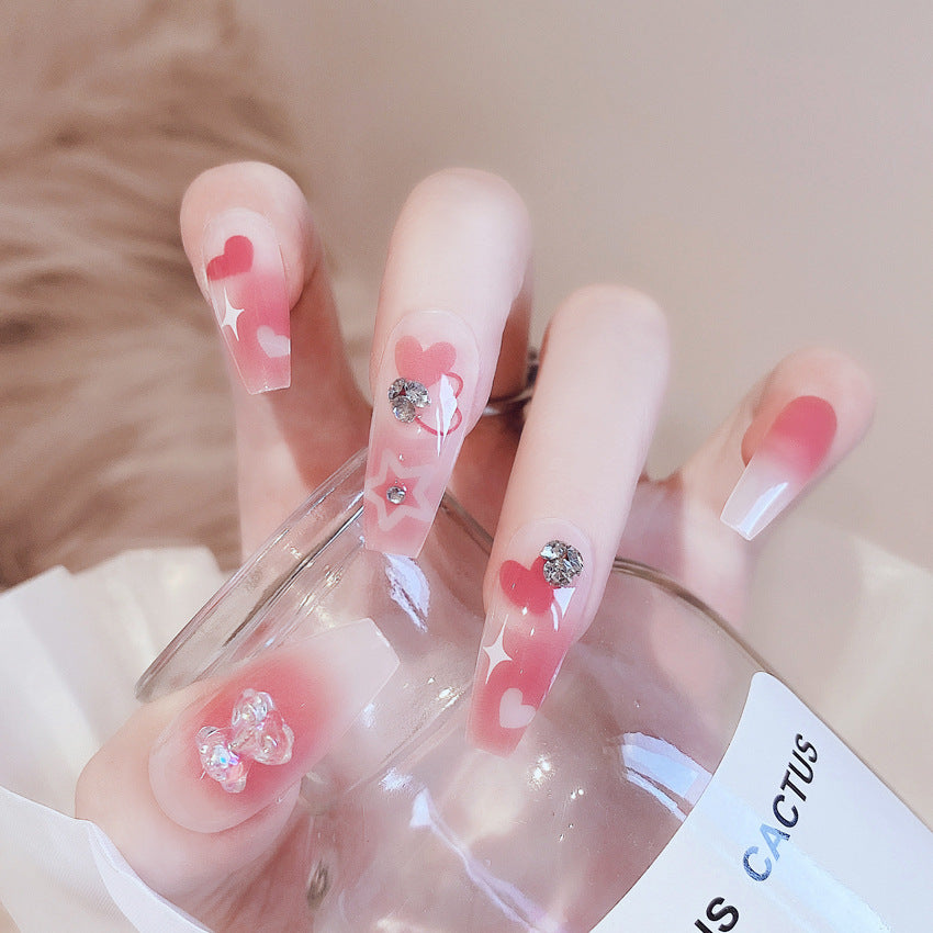 Fashion  nail New Bear Peach Heart Cute Long Finished Nail Beauty Wearable Fake Nails Removable Nail Tip Wearable Nail X75