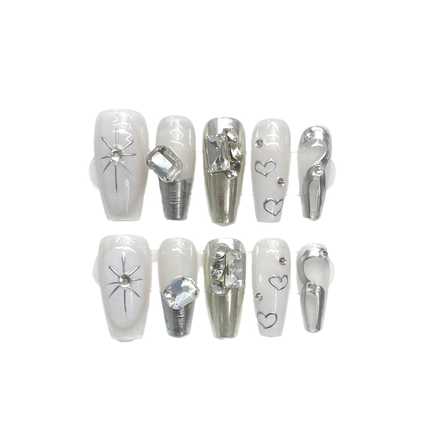 (reusable nail)(Manual) Wear nails pure manual nail art finished fake nail patch Magic Mirror Flash diamond Milky French Metal Love Heavy Industry (reusable)