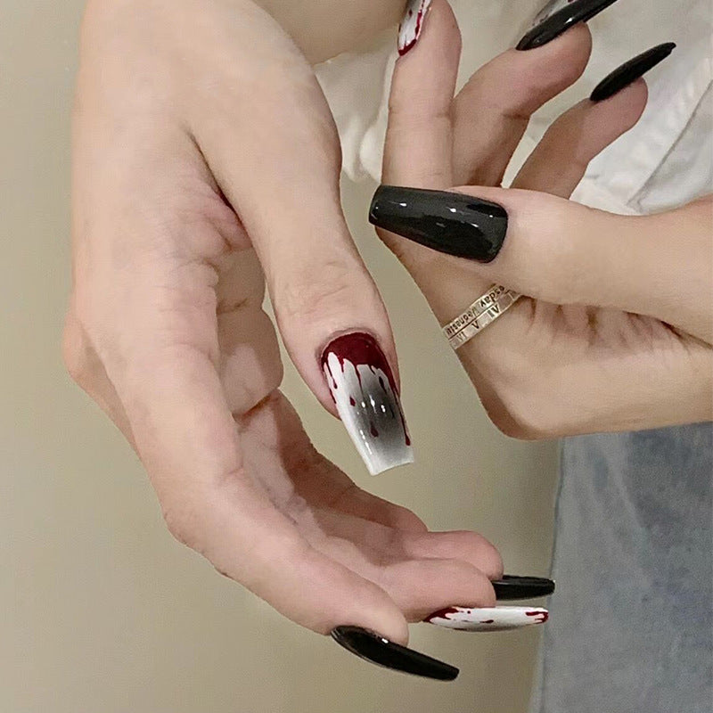 万圣节血滴穿戴甲腮黑指甲贴片美甲片长款假指甲欧美款美甲贴成品