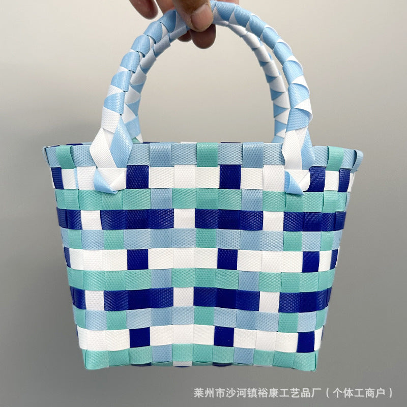 Dopamine Bag Free shipping Tattoo Cartoon dopamine plastic woven bag, trendy macaron hand-woven vegetable basket bag, cute casual seaside beach bag