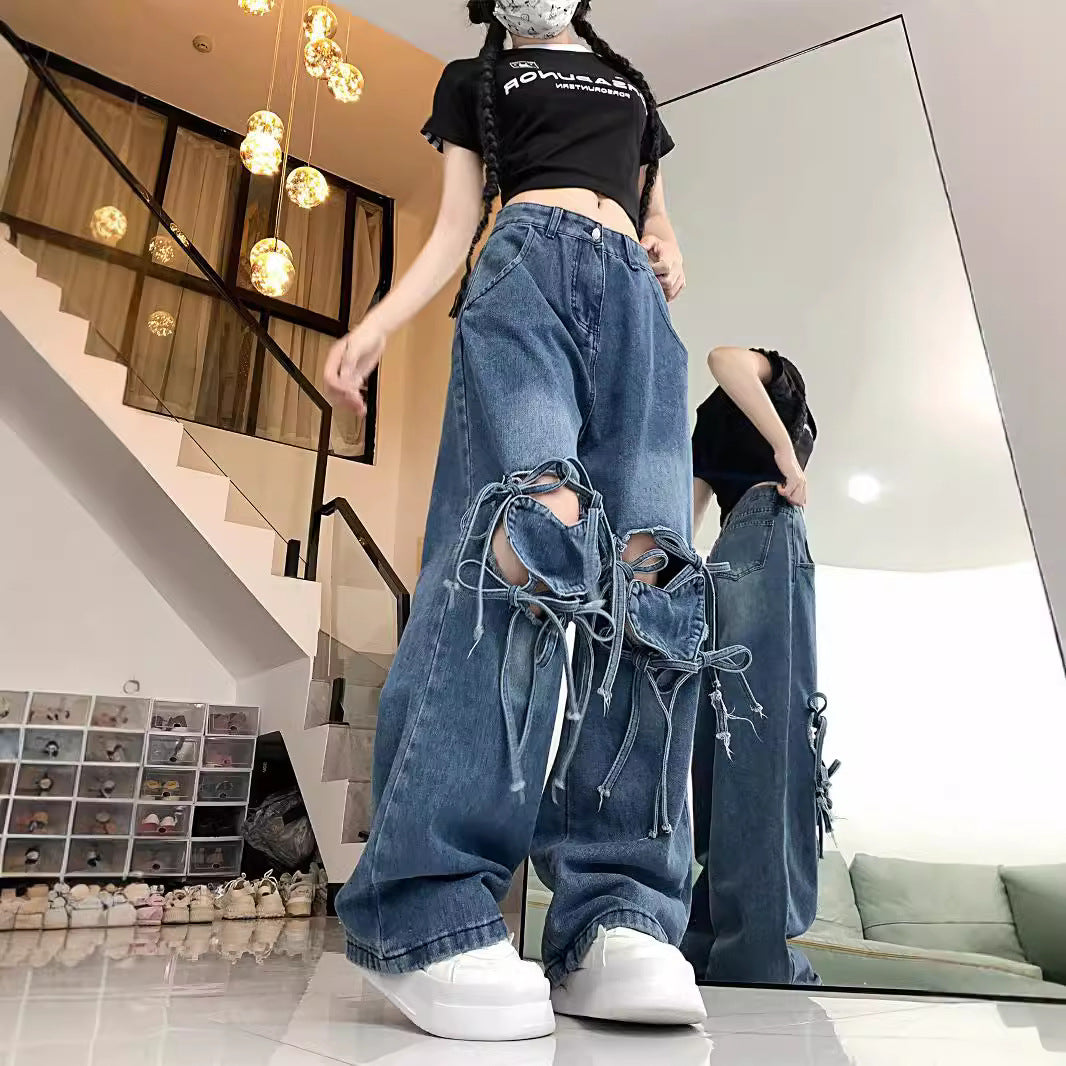 Dopamine pants Free shipping Tattoo Jeans women's spring dopamine wear retro love strap design sense straight women's pants tide