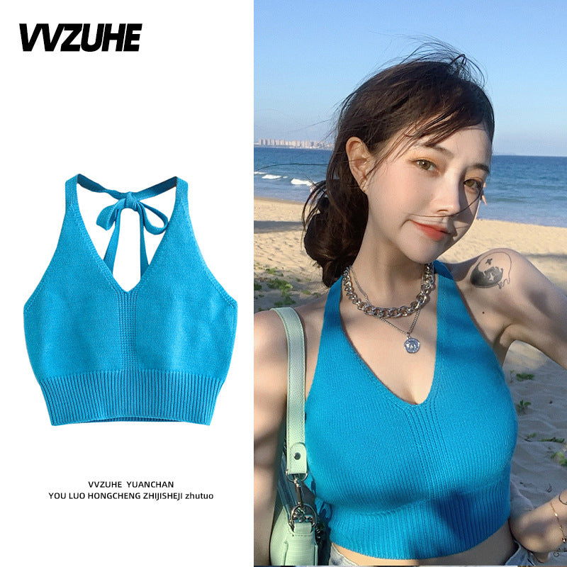 Dopamine tops Free shipping Tattoo Pink Dopamine Wear Seaside Small Suspender Female Sexy Neck Wear Vest Sweet Spicy Thai Top Spice Girl Summer