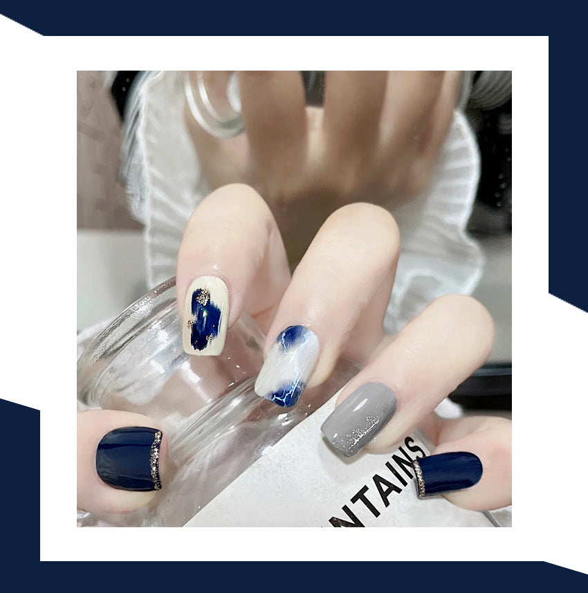 Fashion  nail Pure Desire Fake Nail Patch Blue Marbling Finished Nail Beauty False Nails Removable Nail Tip Wear Nail X105