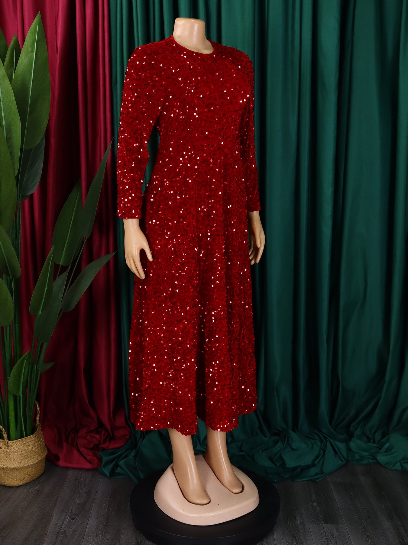 Fashion women's wear D469 Cross-Border New Arrival Women's round Neck Long Sleeve Pure Color Sequins High Waist Temperament Mid-Length Formal Dress European and American Style Dress