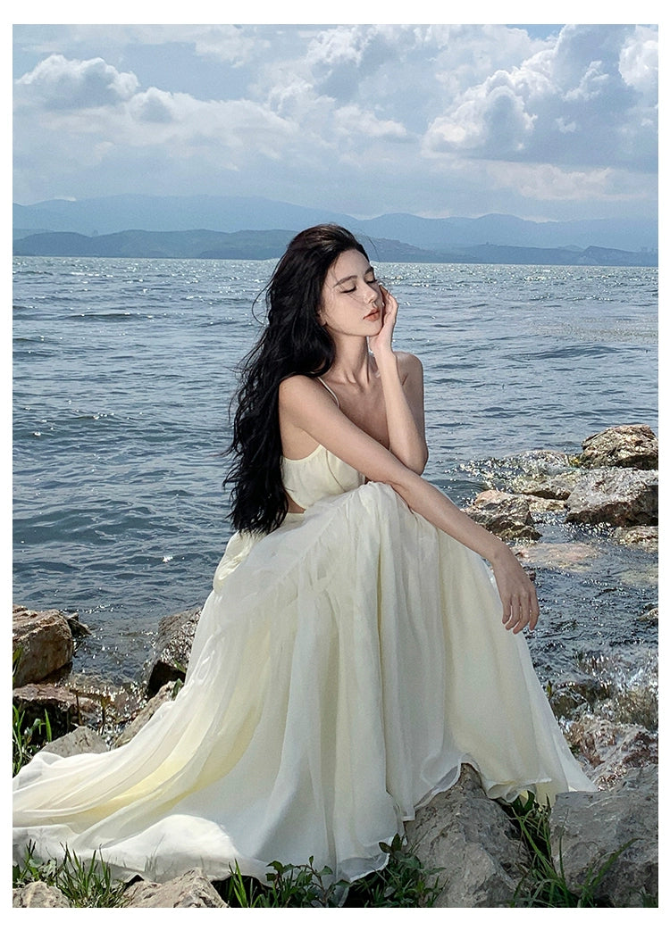 Fashion women's wear Tea Break French Advanced Sexy Backless Spaghetti Straps Dress Fairy Lady Super Fairy Gorgeous Seaside Vacation Beach Dress