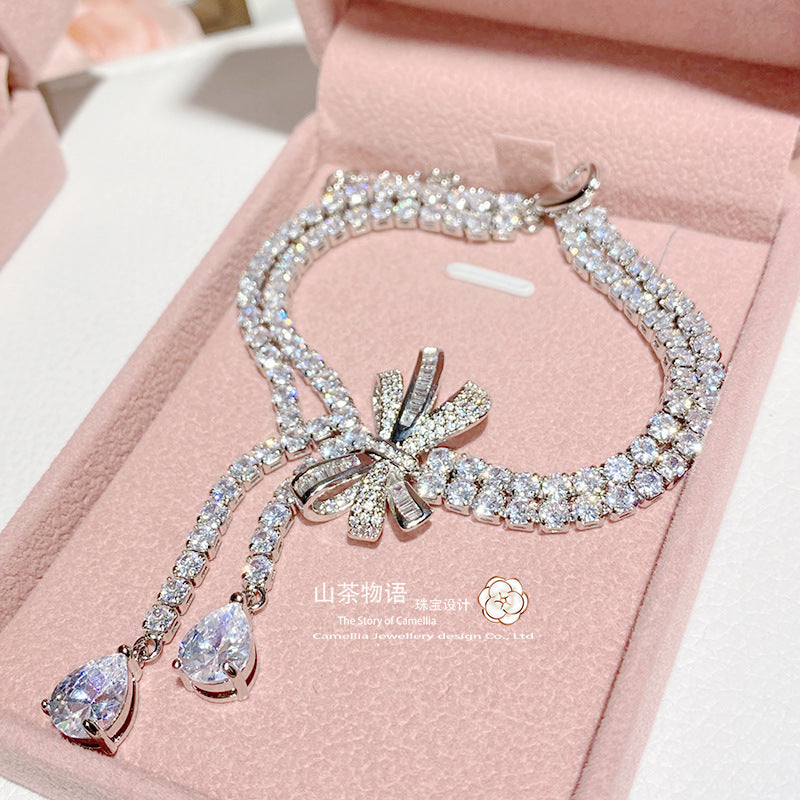 Camellia简约精致百搭蝴蝶结套装镀S925银镶嵌高碳锆高级感耳钉女