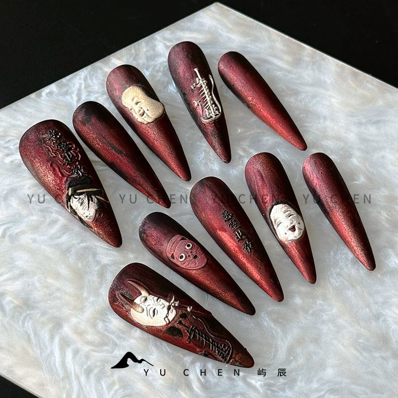 (Hand made nail) Yu Chen Original | Divine Ghost Chaos Power Dark Nail Wearing Collection Waste Soil Wind Red Matte Handmade Original Design