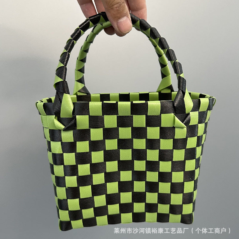 Dopamine Bag Free shipping Tattoo Cartoon dopamine plastic woven bag, trendy macaron hand-woven vegetable basket bag, cute casual seaside beach bag