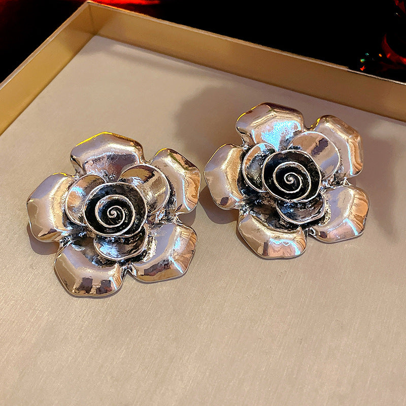 银针金属花朵冷淡风耳环欧美小众夸张耳钉新款个性设计感耳饰批发