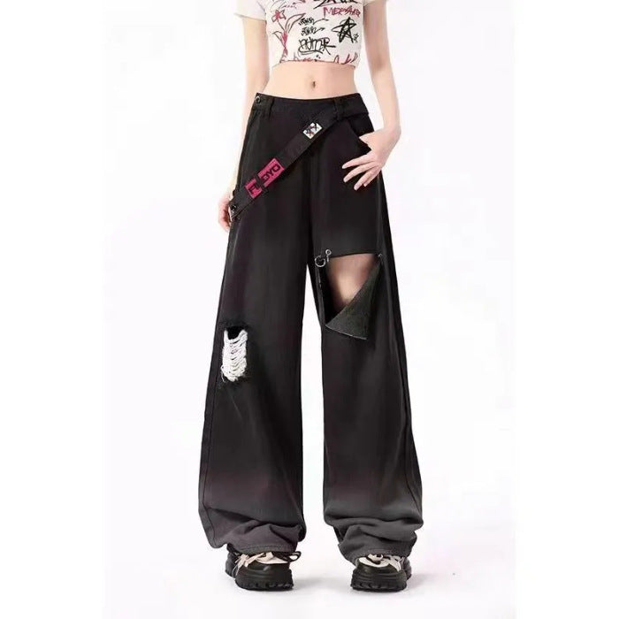 Free shipping  Gradually change color ripped dopamine wear jeans women small summer French straight high waist thin wide leg pants