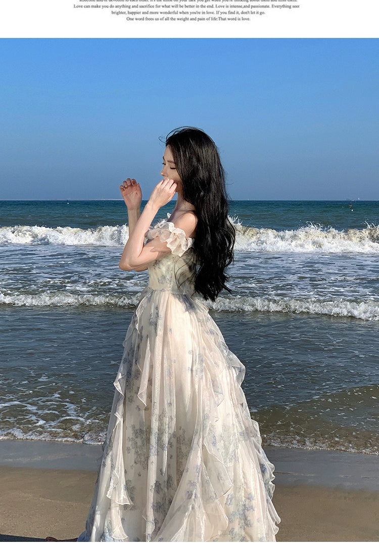 Fashion women's wear Seaside Vacation Style Suspender Skirt Yarn French Ruffled Beach Dress Atmosphere Long Skirt Elegant Fairy Style