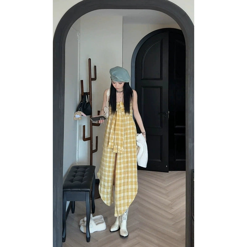 Fashion women's wear 2024 Summer New Design Sense Sleeveless Plaid Tube Top Shirt Female Korean Temperament Irregular Spaghetti-Strap Dress