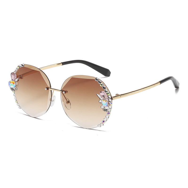 Women's fashion glasses 跨境镶钻无框水钻多边形墨镜女高级感ins大脸显瘦显脸小太阳镜