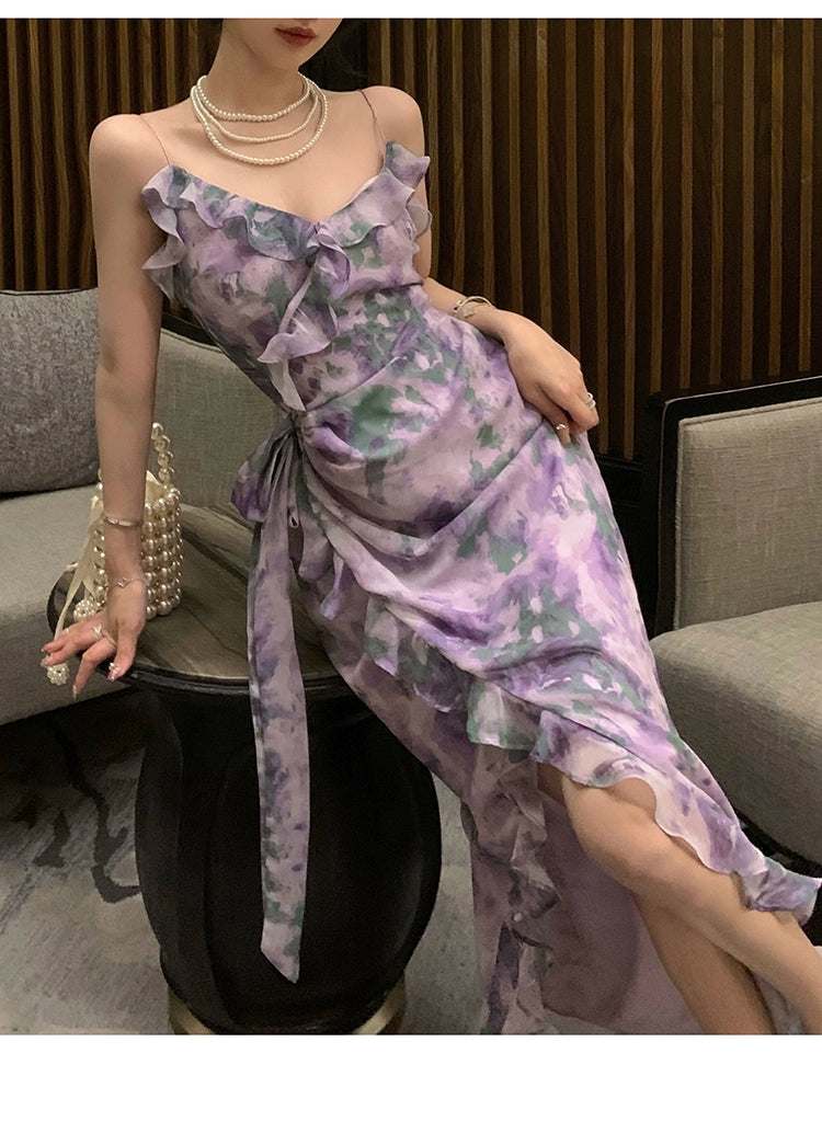 Fashion women's wear Purple Retro Irregular Yunnan Wear Travel Chiffon Floral Strap Dress Seaside Beach Skirt Summer