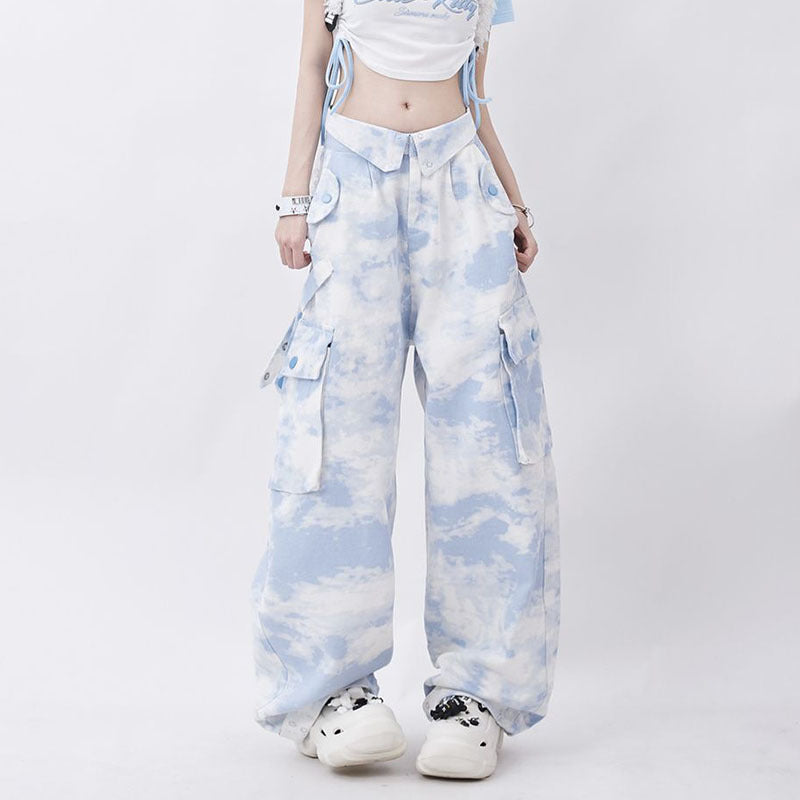 Dopamine pants Free shipping Tattoo Rayohopp dopamine wear camouflage overalls women's flip waist tie-dye design loose straight casual pants