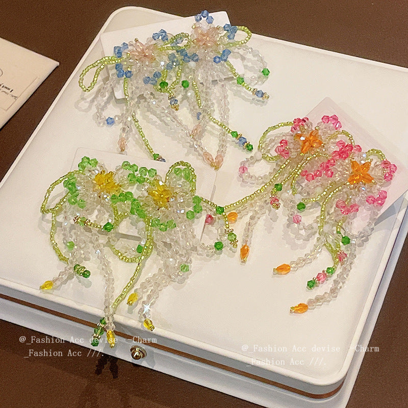 银针水晶米珠蝴蝶结流苏耳环森系甜美气质耳钉高级感小众耳饰批发
