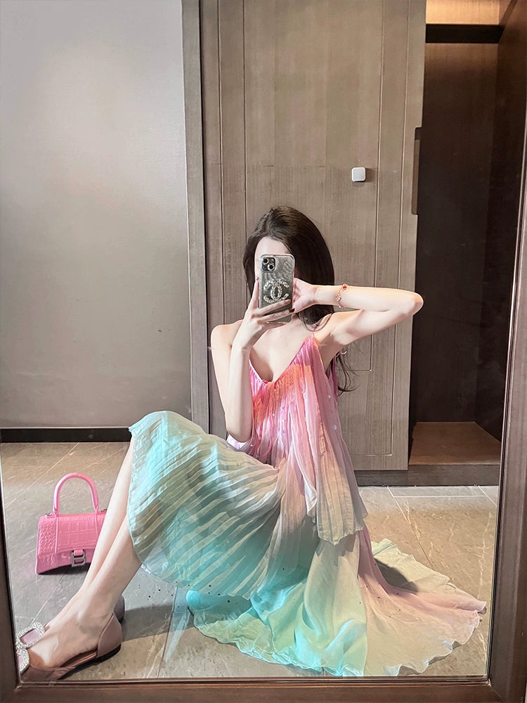 Fashion women's wear Seaside Vacation Sling Dress Women's 2024 Summer New Seaside Photograph Clothes Super Fairy Gradient Skirt Beach Skirt