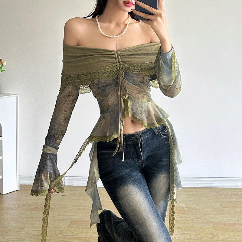 Free shipping  new women's clothing solid color slim-fit street fashion one-word collar long-sleeved halter top tops